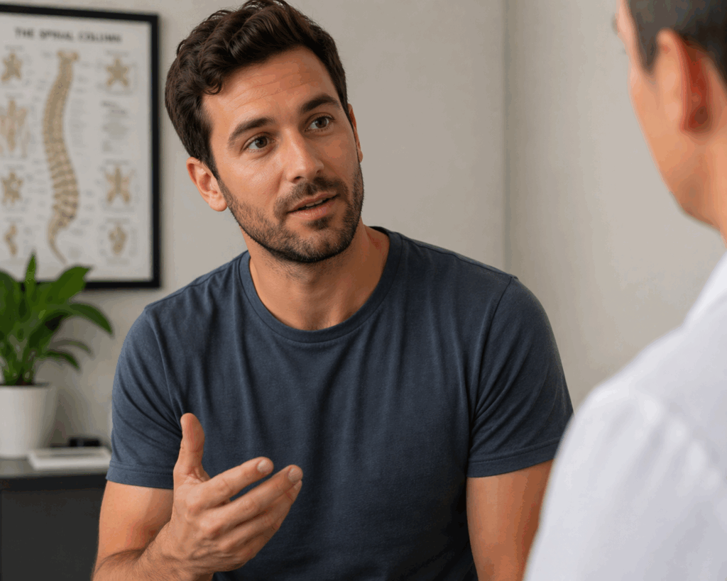 Man speaking with a practitioner during a consultation in a clinic setting.