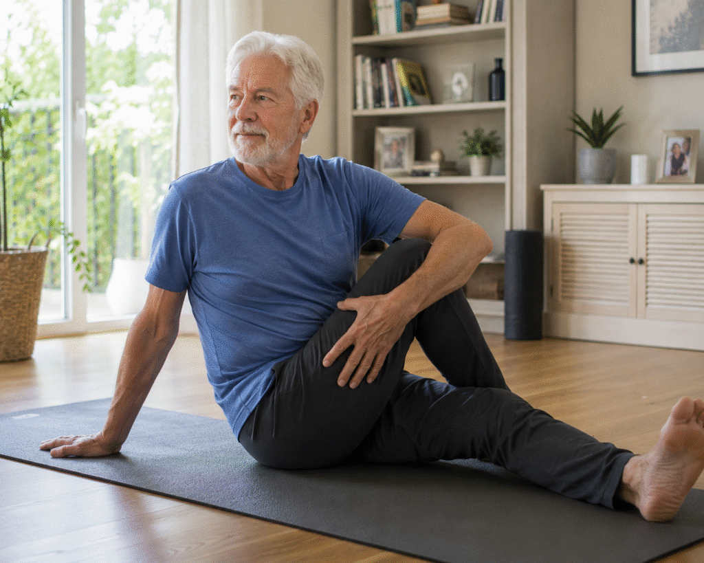 Senior man stretching on a yoga mat in a living room. 