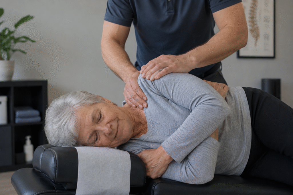Senior woman receiving a chiropractic adjustment on a treatment table. 