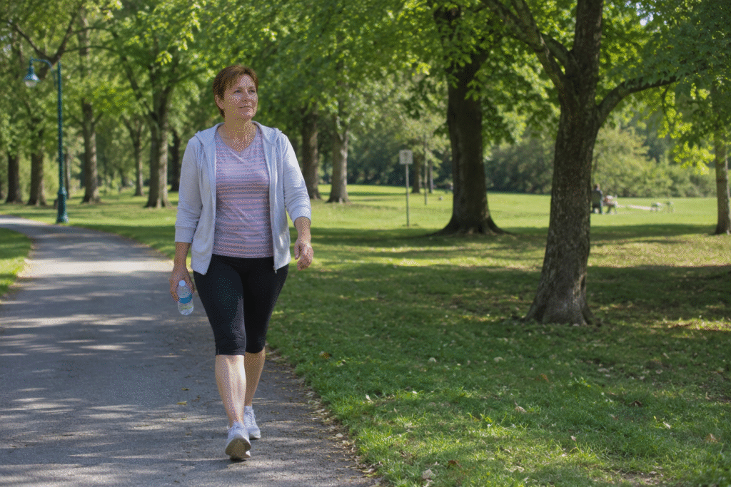 Woman walking along a park trail with a water bottle. 