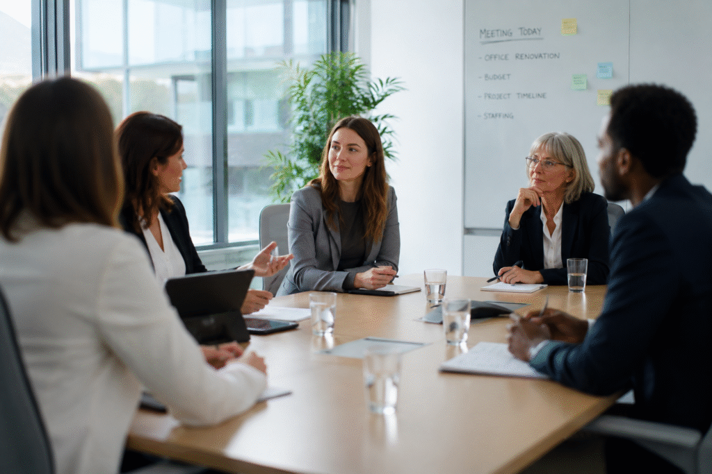 Business professionals collaborating during a meeting in a modern conference room. 