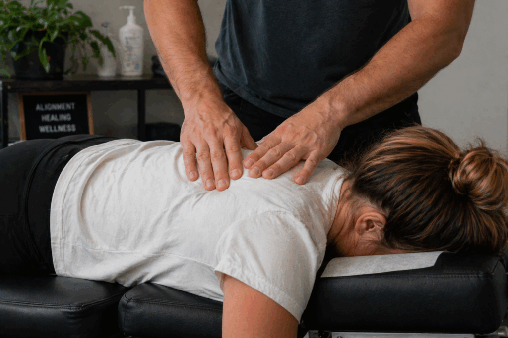 Practitioner performing a back adjustment on a woman lying face down on a treatment table.