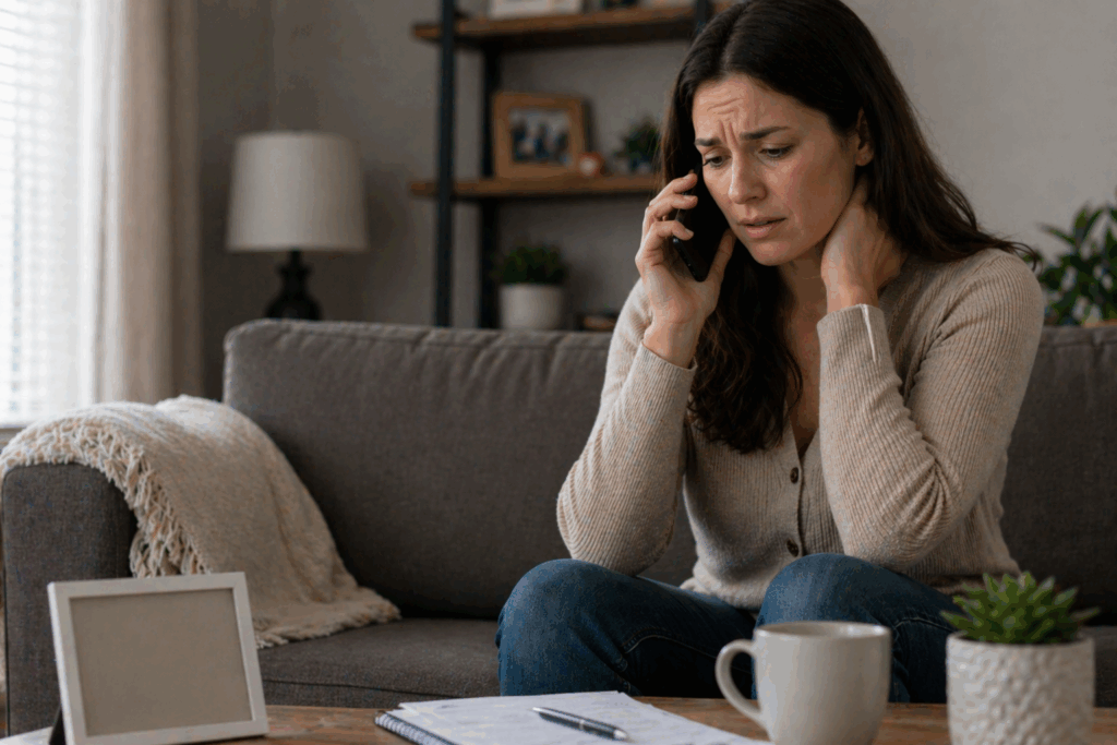 Woman sitting on a couch talking on the phone while holding her neck in discomfort.