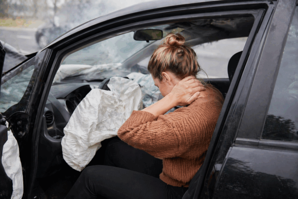 Woman sitting inside a damaged car holding her neck after an accident with deployed airbags.