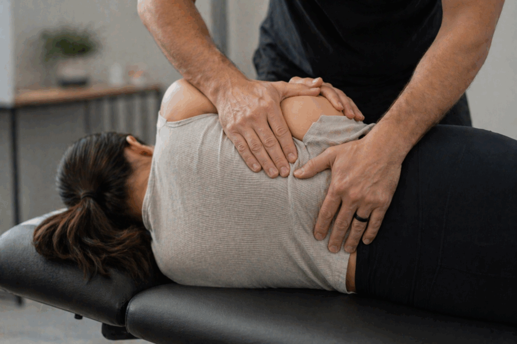 Chiropractor adjusting a patient’s back while they lie on their side on a treatment table.