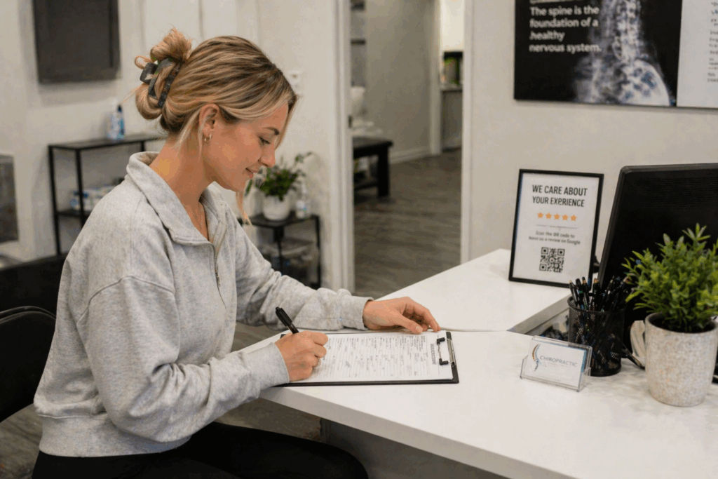 Woman filling out paperwork at a clinic reception desk.