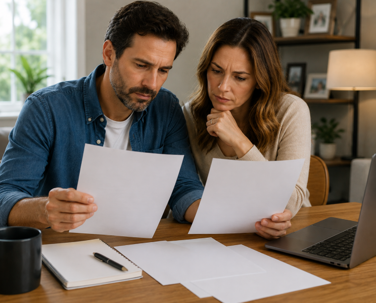 Couple reviewing insurance or financial documents together at home.