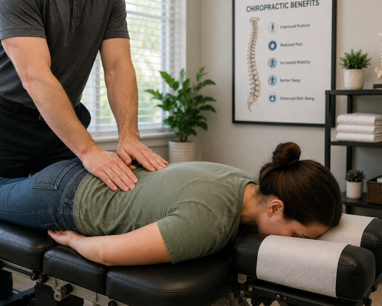 Chiropractor performing a lower back adjustment on a patient lying face down on a treatment table.