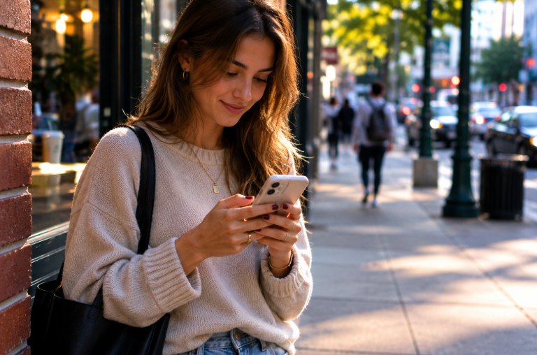 Woman standing on a city sidewalk and using her smartphone.