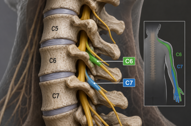 Diagram of C5, C6, and C7 nerves in the cervical spine.