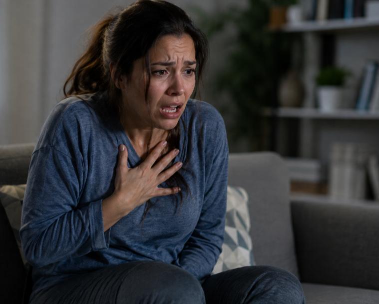 Woman experiencing chest pain and shortness of breath while sitting on a couch.