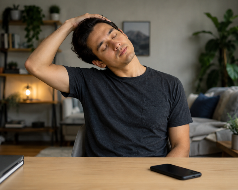 Man performing a seated neck stretch exercise at home to relieve tension and improve flexibility.