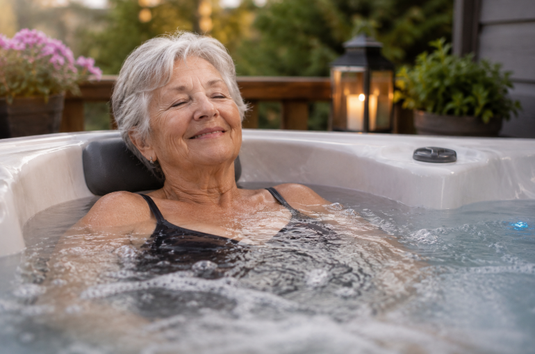 Elderly woman relaxing in a bubbling hot tub outdoors, enjoying warm water therapy.