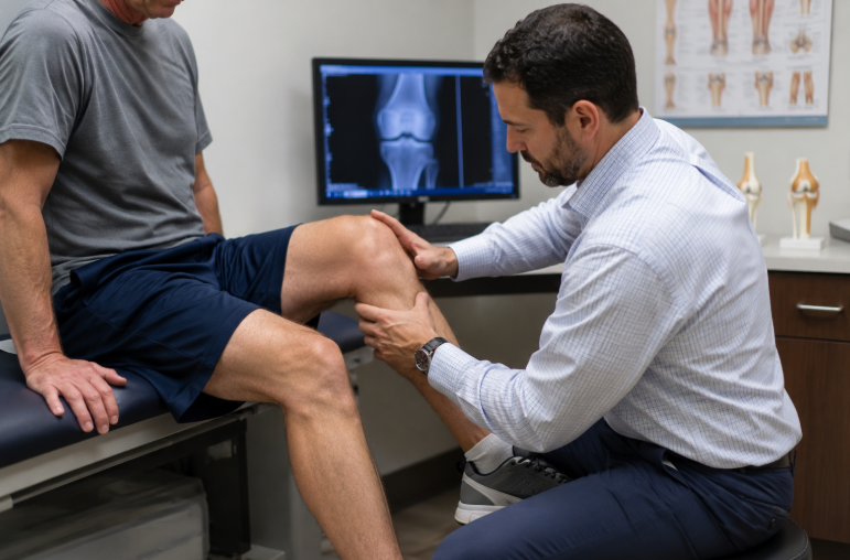 Doctor examining a patient’s knee in a medical office with a knee X-ray displayed on a monitor. 