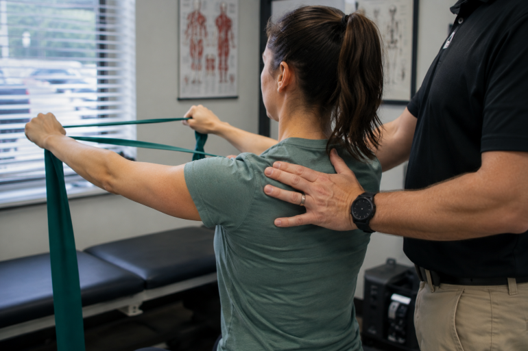 Patient performing a supervised neck and shoulder rehab exercise with resistance band guidance.