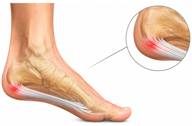 Medical illustration of plantar fasciitis showing inflammation of the plantar fascia near the heel. 