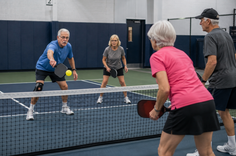Older adults playing doubles pickleball on an indoor court. 