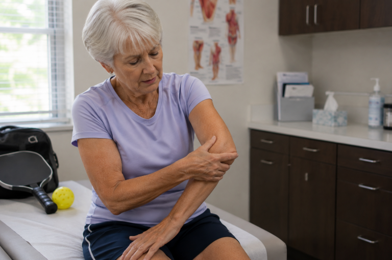 Older woman experiencing elbow pain after playing pickleball. 
