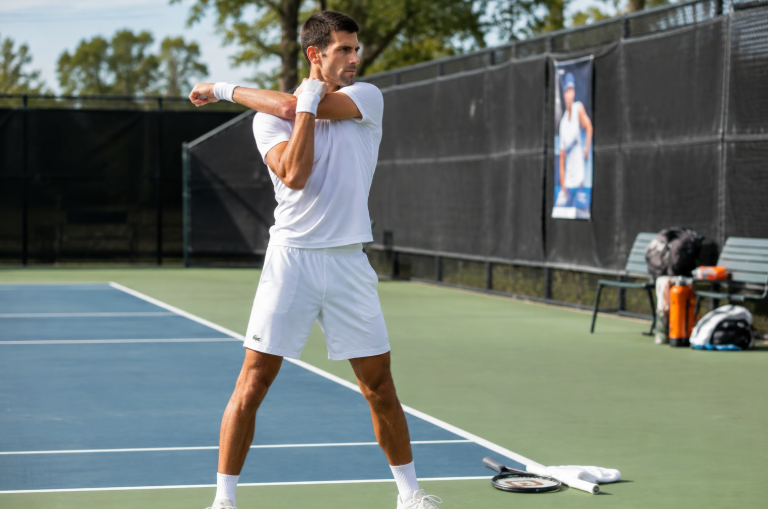 Tennis player stretching on an outdoor court.