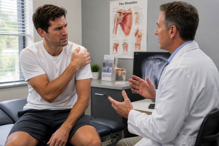 Patient discussing shoulder pain with a doctor.