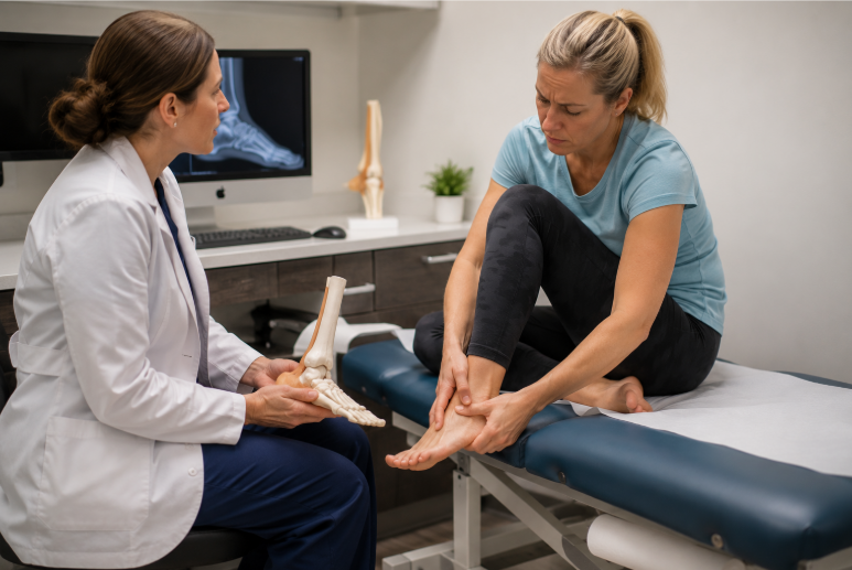 Woman experiencing heel and foot pain while consulting with a doctor in a medical office. 