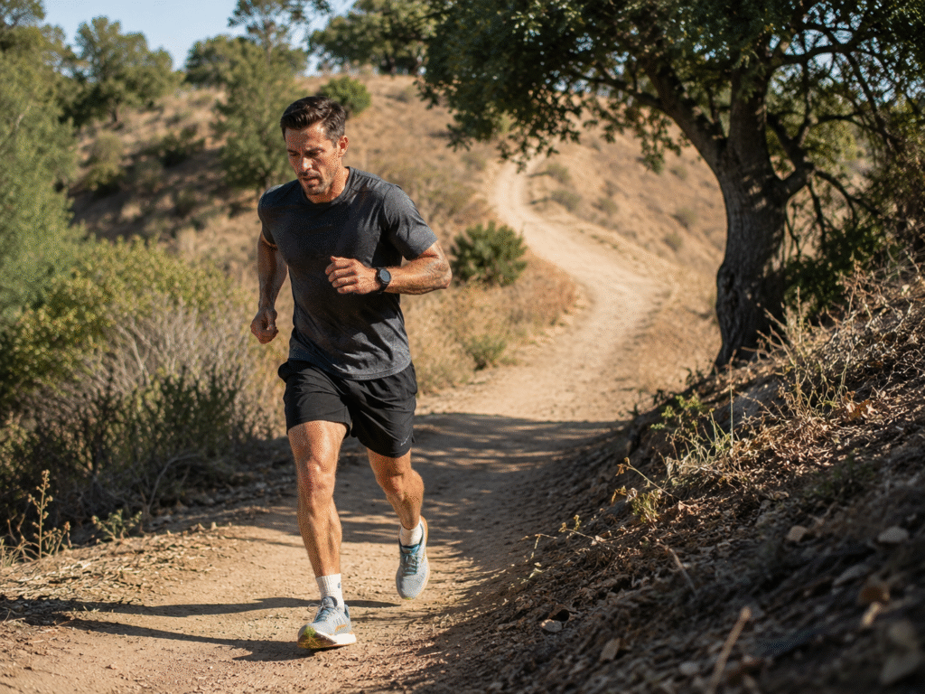 Man running uphill on a rugged outdoor trail. 