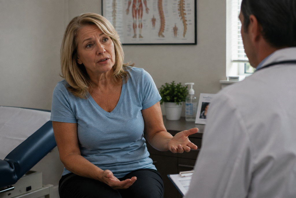 Woman discussing health concerns with her doctor. 