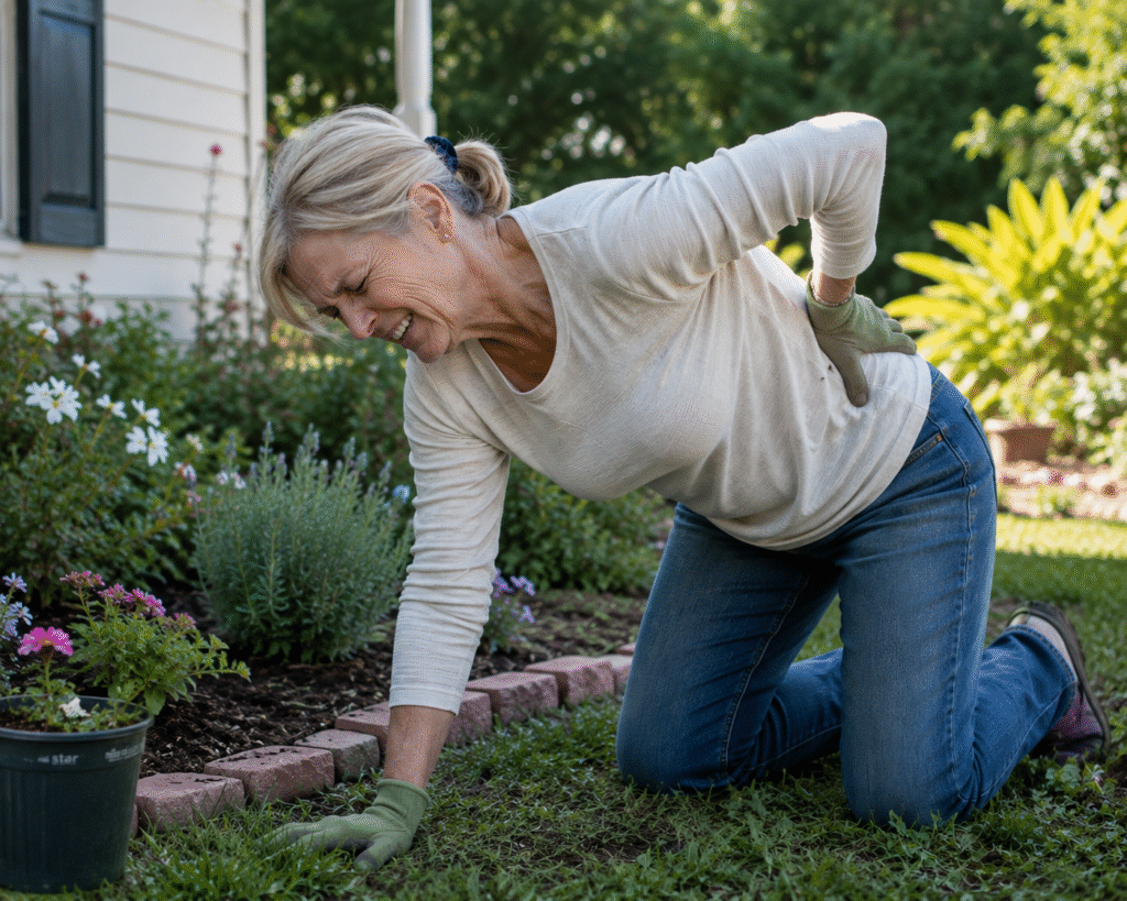 Woman experiencing lower back pain while gardening. 