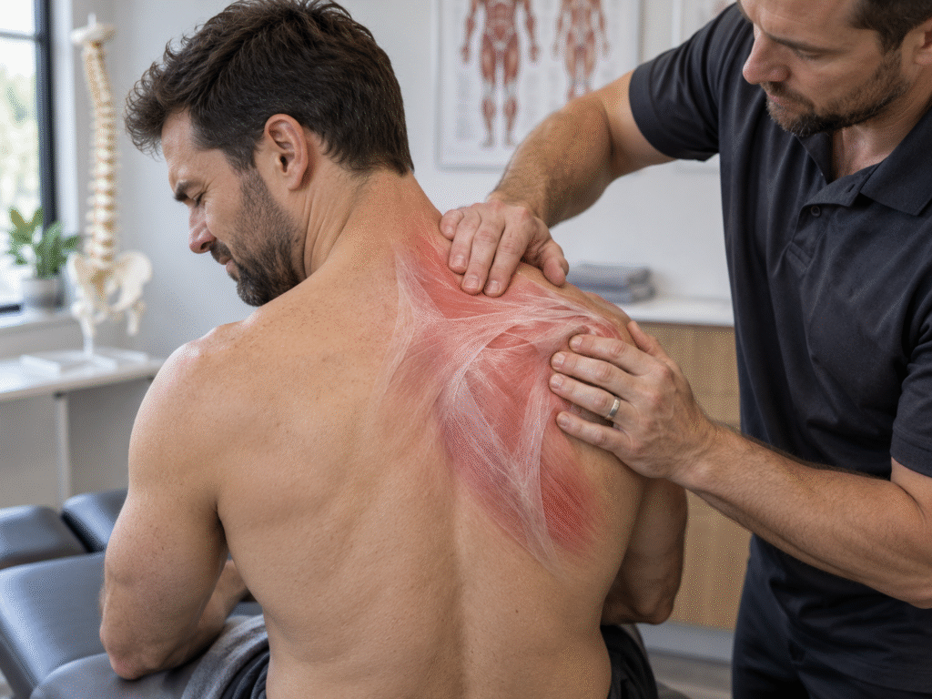 Chiropractor palpating a patient's upper back muscles, highlighted in red.
