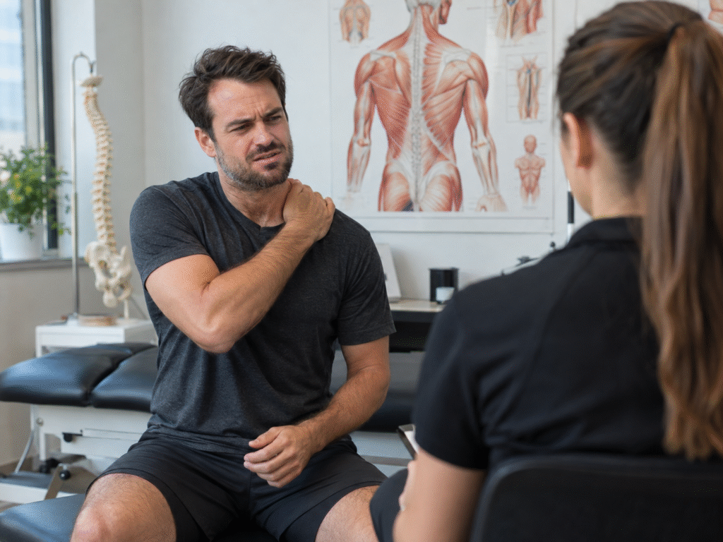 Patient holding his shoulder in pain while describing symptoms to a chiropractor.