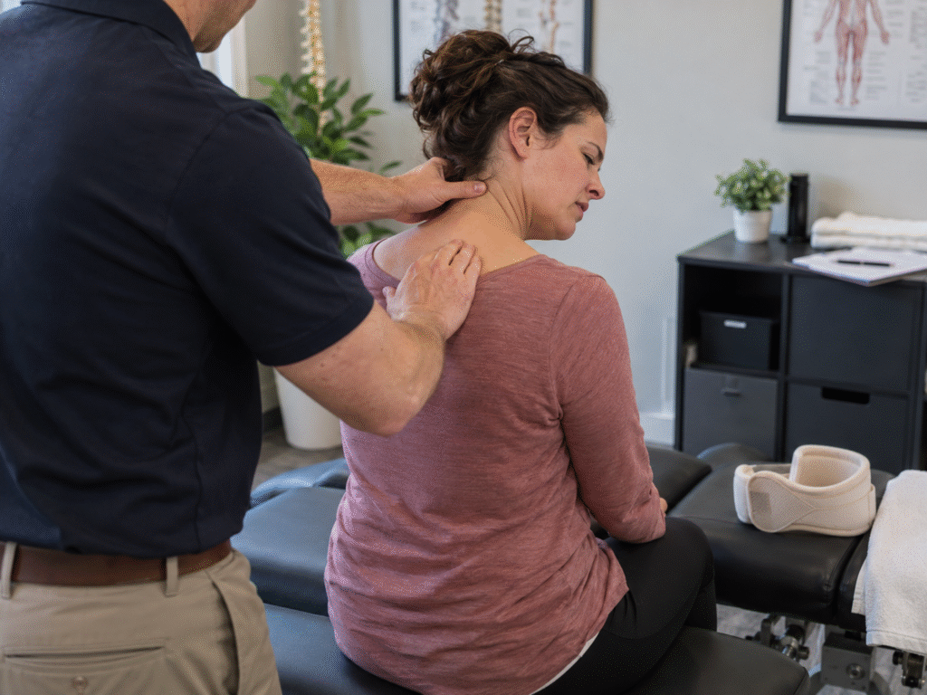 Chiropractor examining a patient's neck and shoulder, with a cervical collar visible nearby.