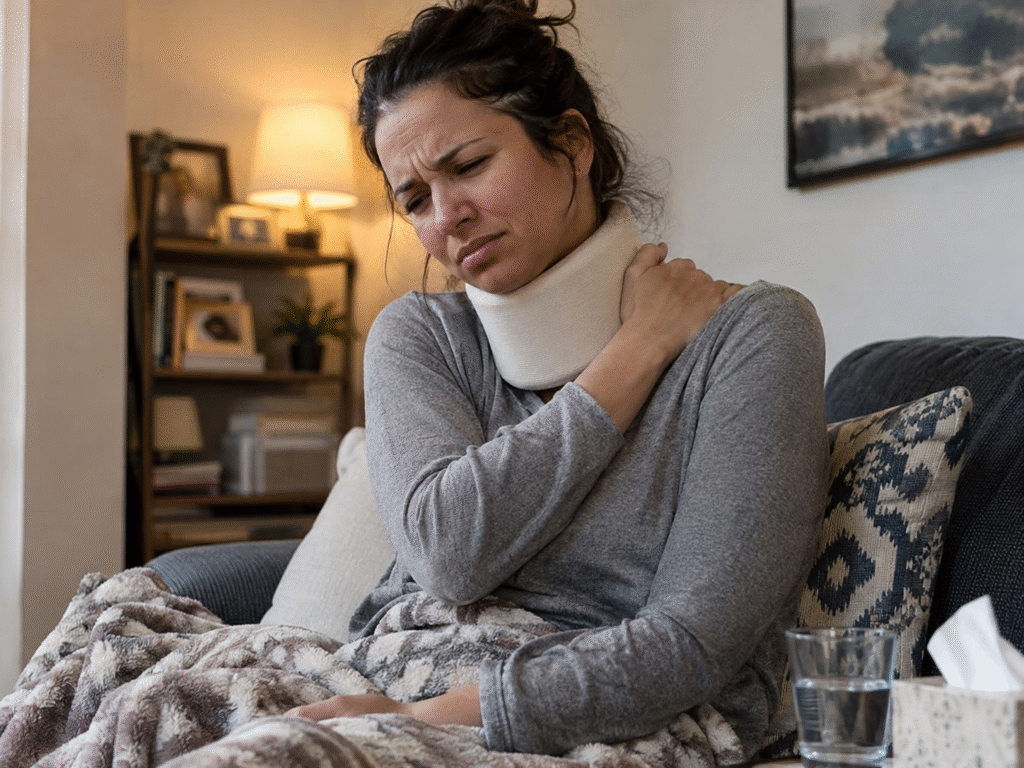 Woman wearing a neck brace, resting on a couch while holding her shoulder in discomfort.