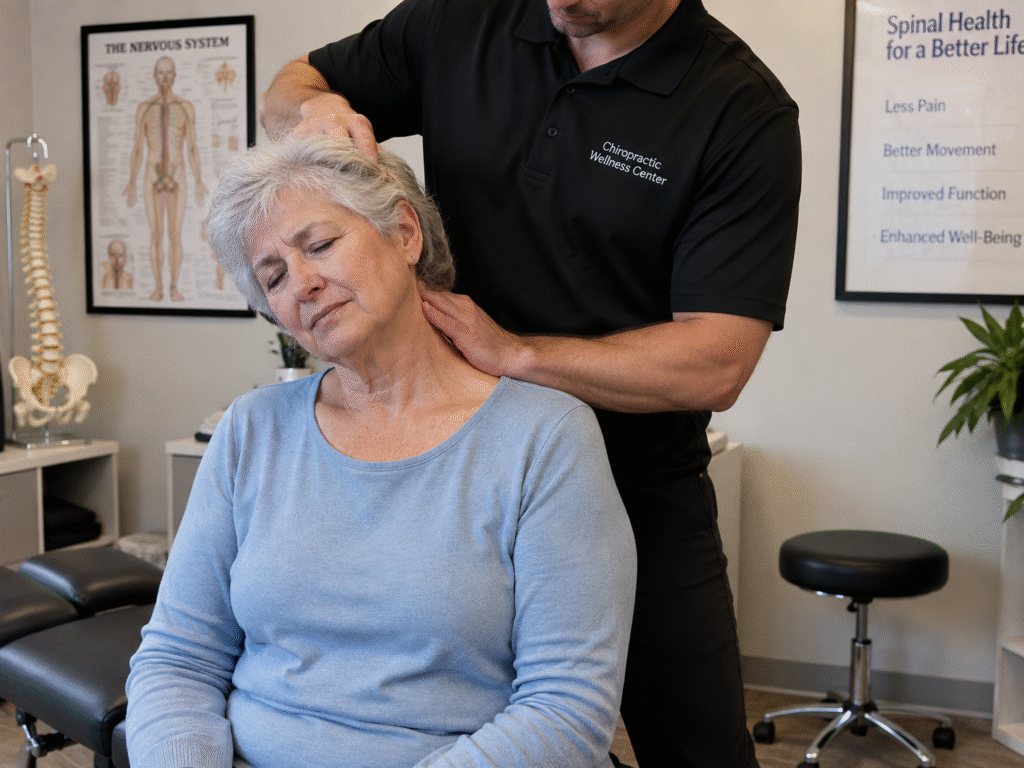 Chiropractor performing a neck adjustment on an older woman patient in a treatment room. 