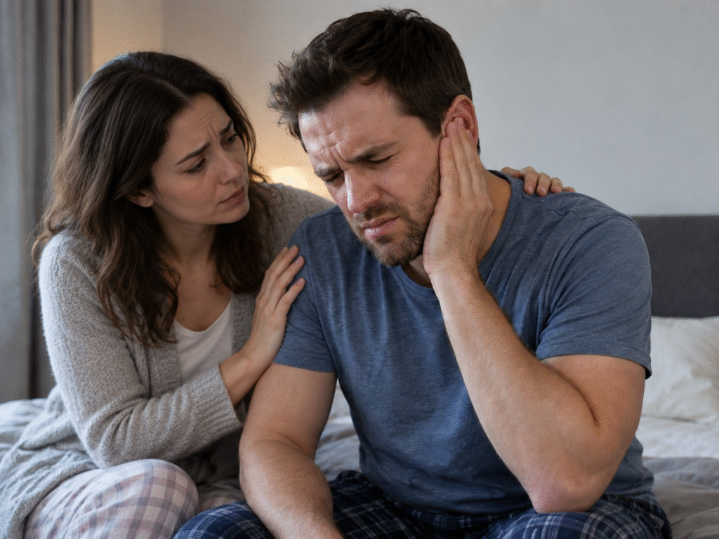 Man wincing in pain while holding his ear, comforted by a concerned woman beside him. 