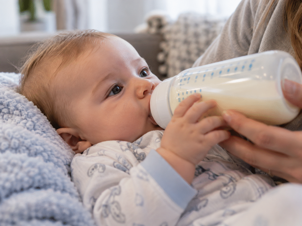 Baby drinking milk from a bottle while being held by a caregiver.