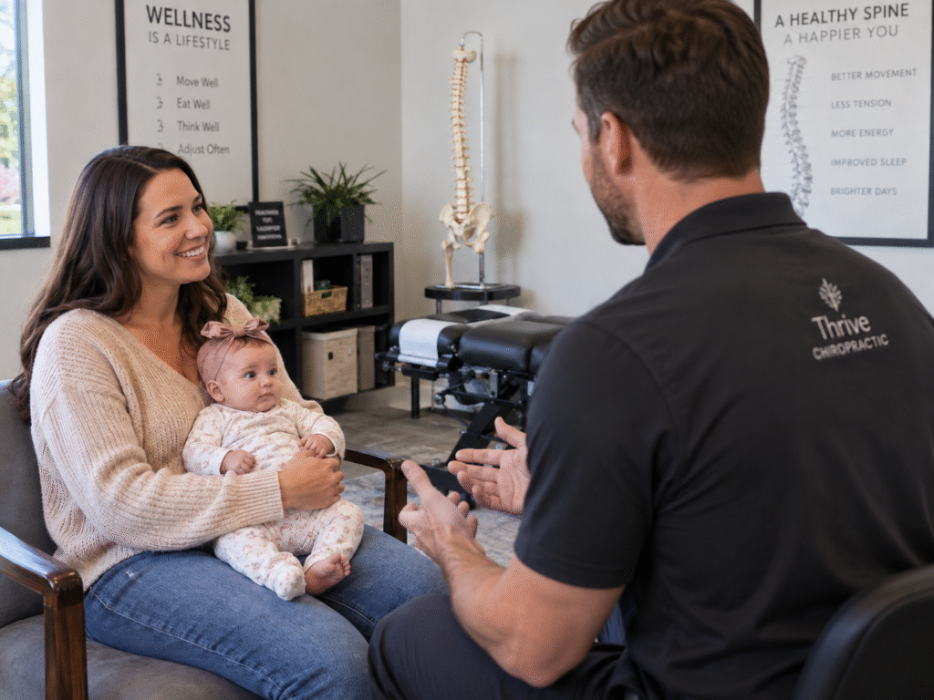 Smiling mother holding her baby while talking with a chiropractor.